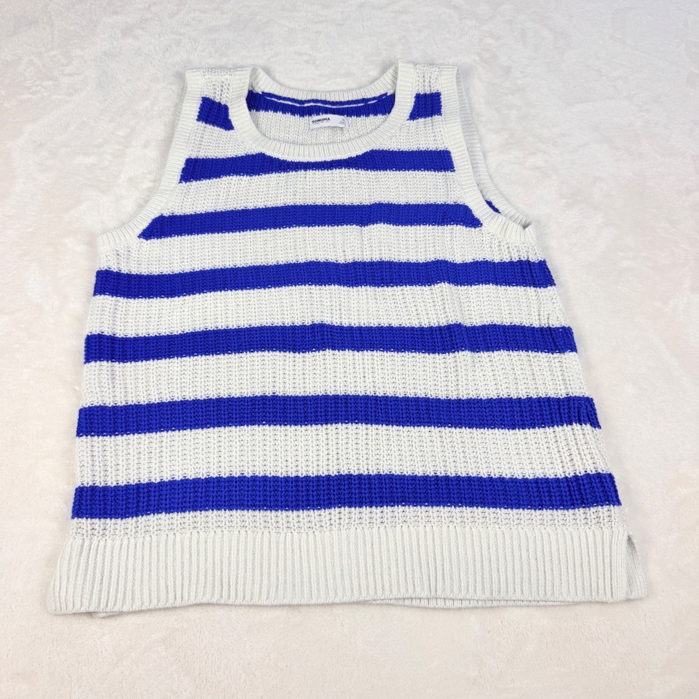 Sonoma Striped Sweater Vest Womens XL Cobalt Blue White Knit Tank Preppy